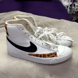 Nike Women's White and Black Sneakers with Leopard Accents
